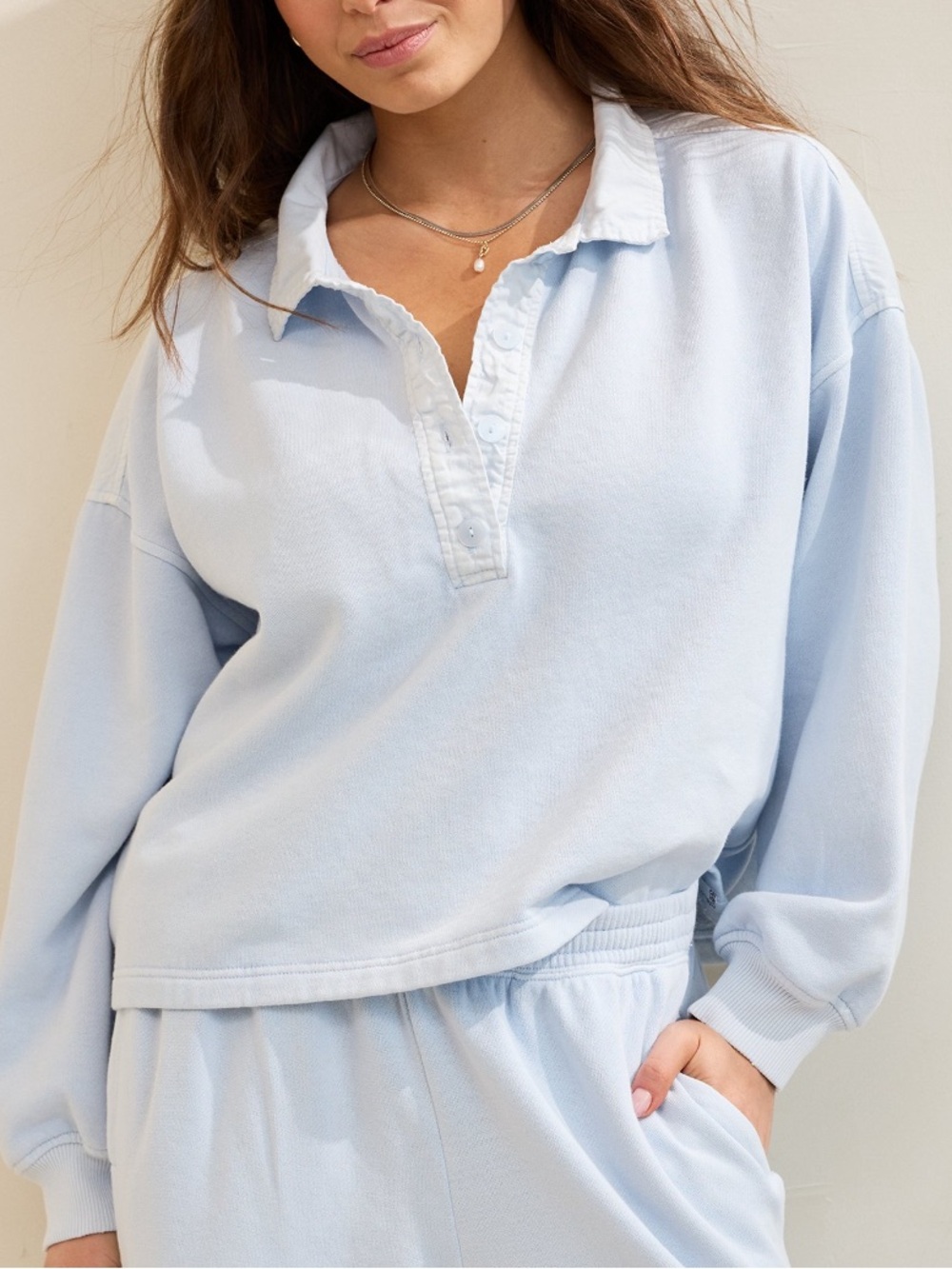 Aerie First Class Light Blue Pullover Polo Sweatshirt Size Medium, NWT